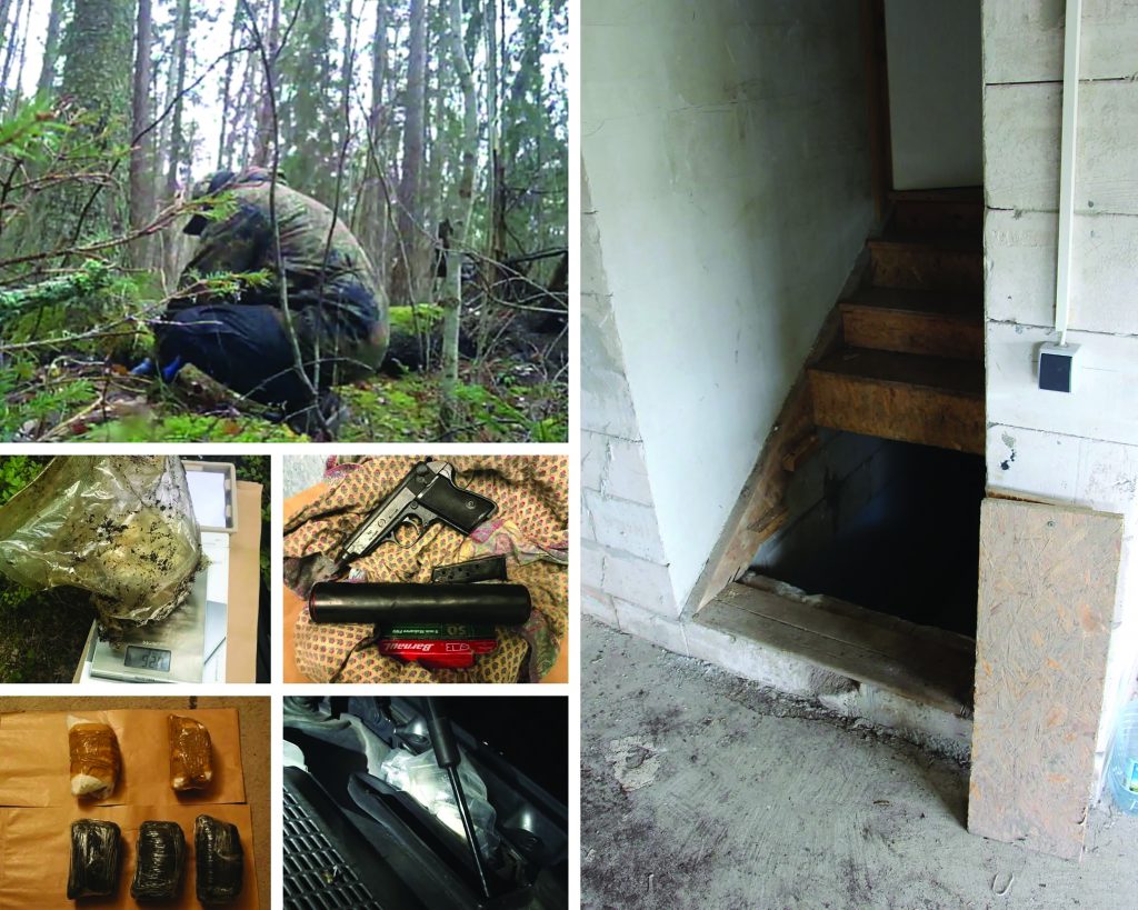 Collage: camouflaged person in forest, basement stairs, drug bags on scales, firearm with ammo, wrapped packages, and items in open car trunk