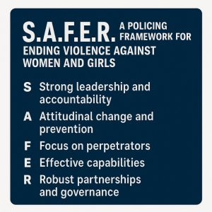 Blue graphic showing S.A.F.E.R. policing framework to end violence against women and girls, listing five principles: leadership, prevention, focus, capabilities, partnerships.