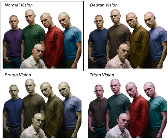 Four panels show five people under Normal, Deutan, Protan, and Tritan vision filters, illustrating color perception differences in color blindness