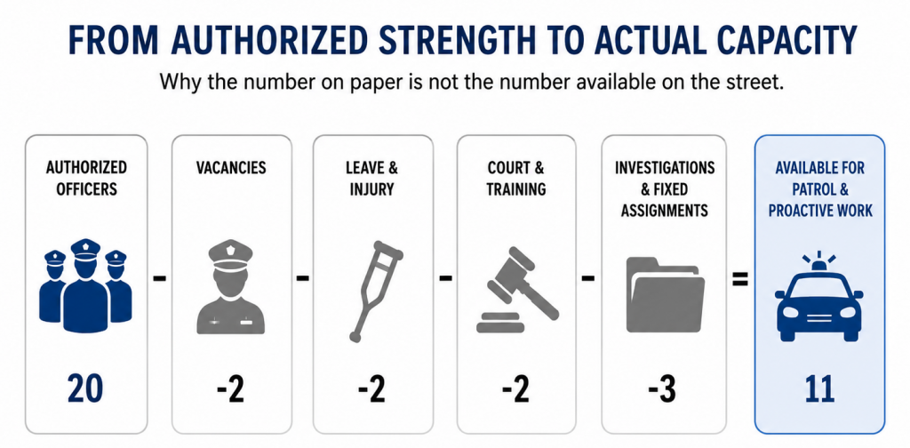 Infographic shows staffing reduction from 20 authorized officers to 11 available for patrol after vacancies, leave, training and assignments