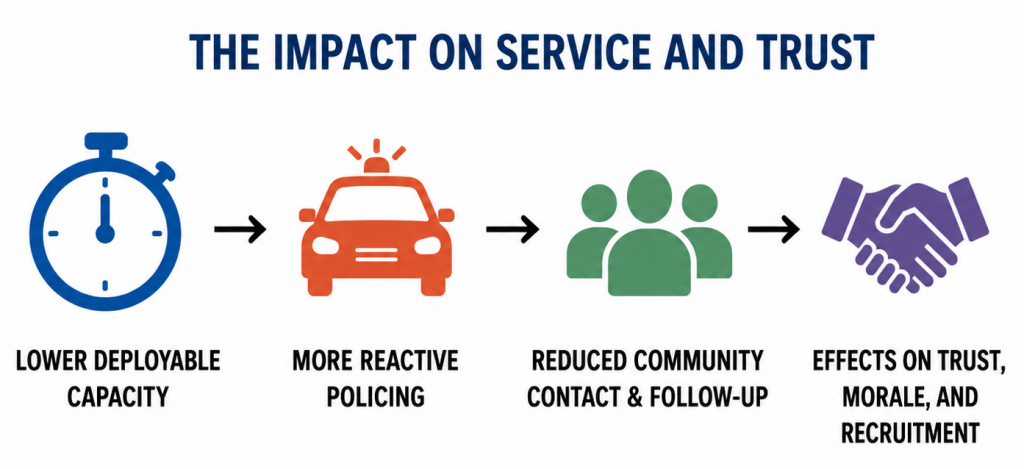 Infographic titled ‘The Impact on Service and Trust’ shows a progression from lower deployable capacity to reactive policing, reduced community contact and follow-up, and diminished trust, morale, and recruitment, using icons of a stopwatch, patrol car, community group, and handshake connected by arrows.