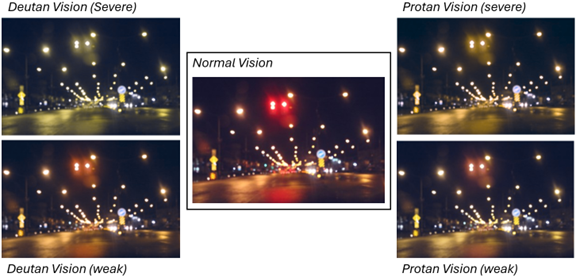 Five-panel comparison of night street views under Normal, Deutan Severe/Weak, and Protan Severe/Weak vision, showing color perception differences.
