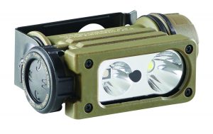 Tan tactical flashlight with dual LED bulbs, black mount, and side rotary switch for mode control; rugged design suited for law enforcement gear.