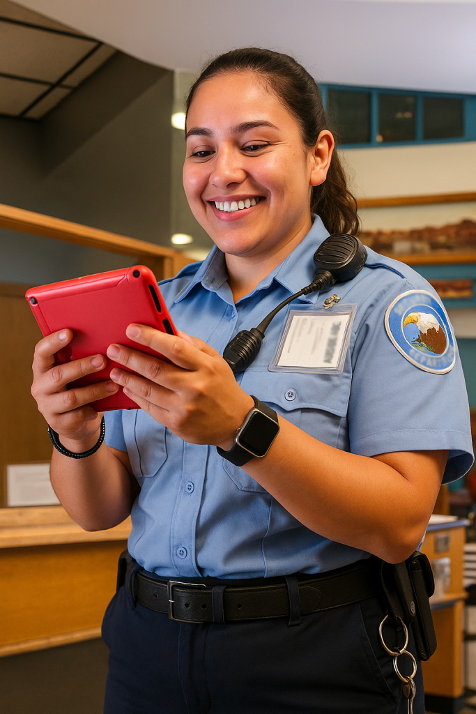 Female corrections officer smiling down at tablet in her hands.
