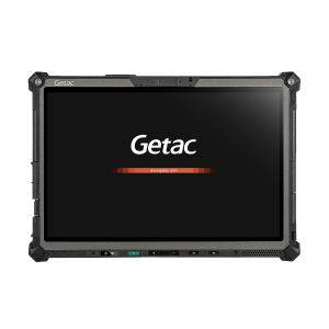 Front view of a rugged Getac tablet with reinforced black casing, thick protective corners, physical buttons along the bezel, and a dark screen displaying the Getac logo