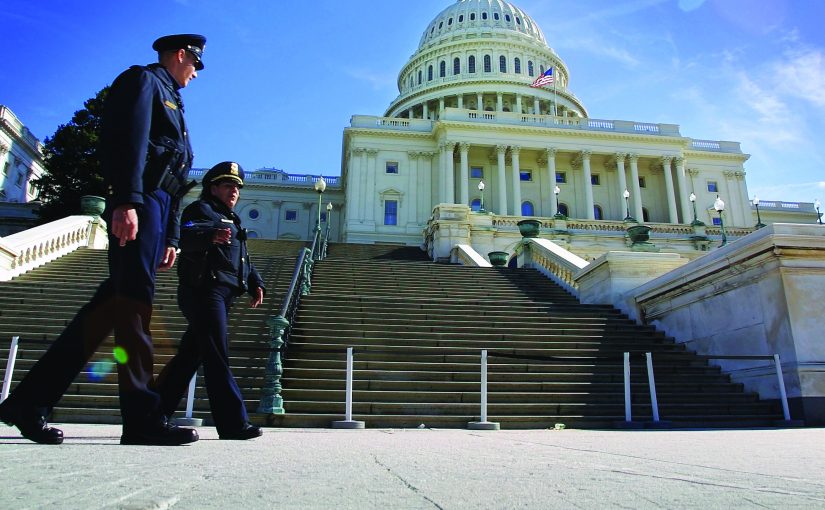 Uniformed Capitol police walk across wide stone steps in front of the U.S. Capitol building, with dome, columns, flag, and clear blue sky in sunlight