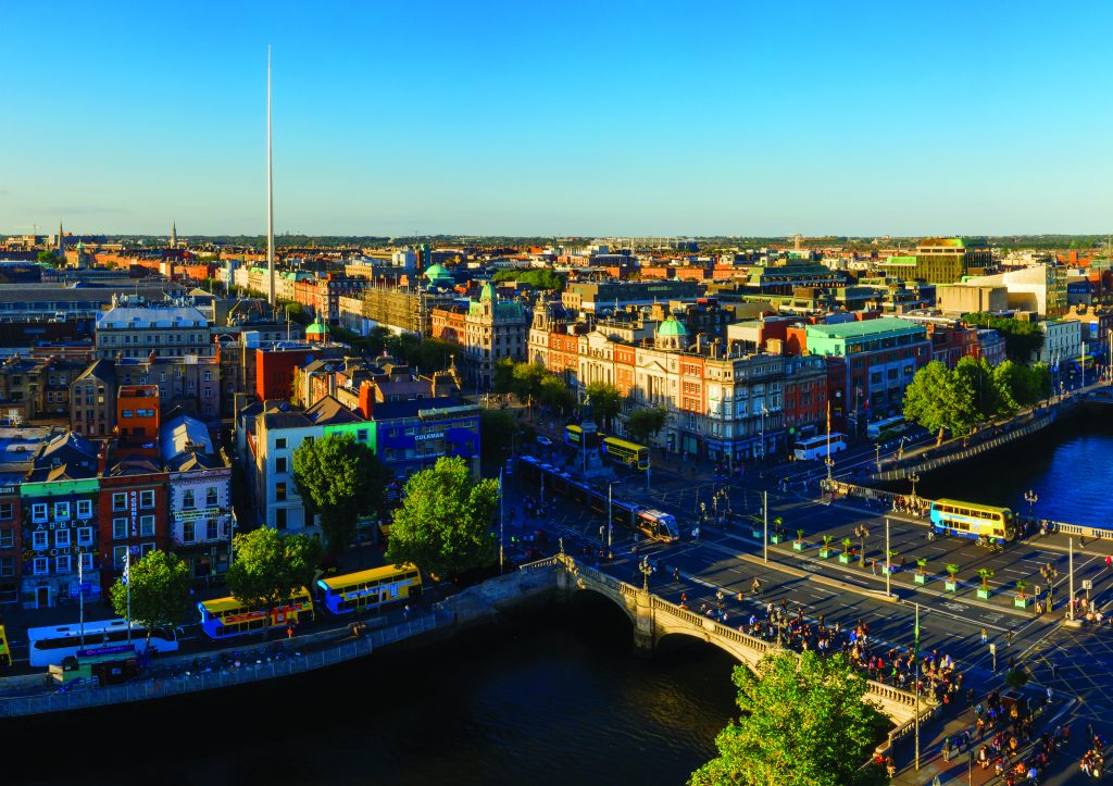 Dublin aerial view with Liffey river and O'Connell bridge during sunset
