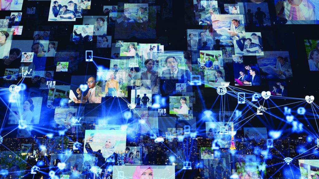 Collage of people in varied settings overlaid with digital network icons and lines, symbolizing global connectivity, data sharing, and communication.
