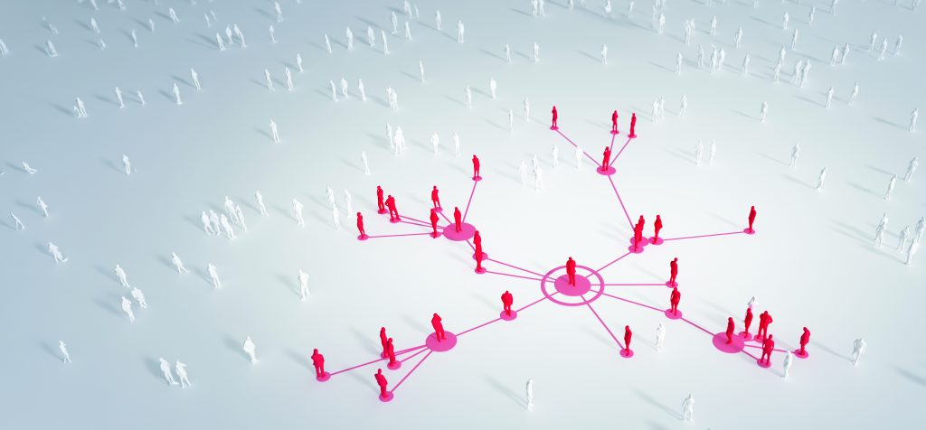 Abstract graphic shows red highlighted human figures connected by lines and circular nodes among numerous white figures, illustrating relationship networks, clustering, and association analysis