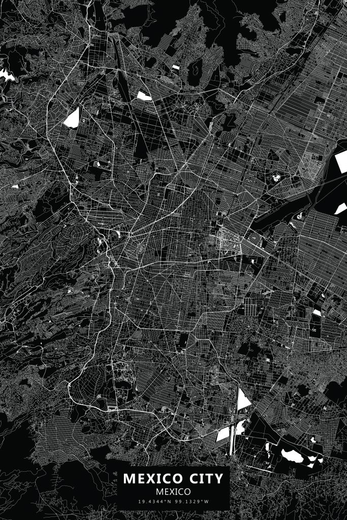 Detailed black-and-white street map of Mexico City showing intricate road networks, blocks, and geographic layout with label reading ‘Mexico City, Mexico