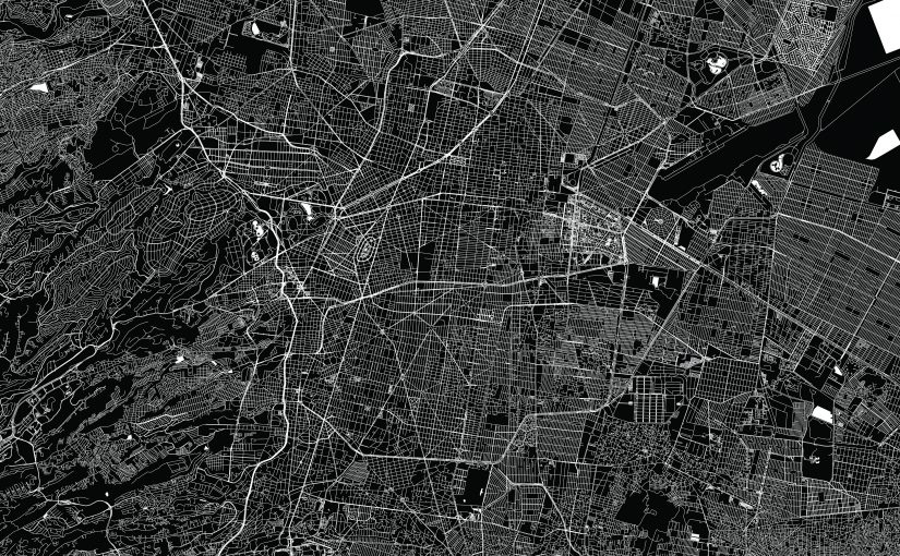 Detailed black-and-white street map of Mexico City showing intricate road networks, blocks, and geographic layout with label reading ‘Mexico City, Mexico