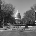 Black‑and‑white view of the U.S. Capitol centered at the end of an empty roadway blocked by ‘STOP’ barricades, lined with leafless trees, fencing, and street lamps