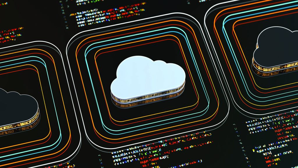 Three cloud-shaped digital icons appear on a dark background, outlined by layered colored lines with flowing code and data patterns suggesting networked cloud computing