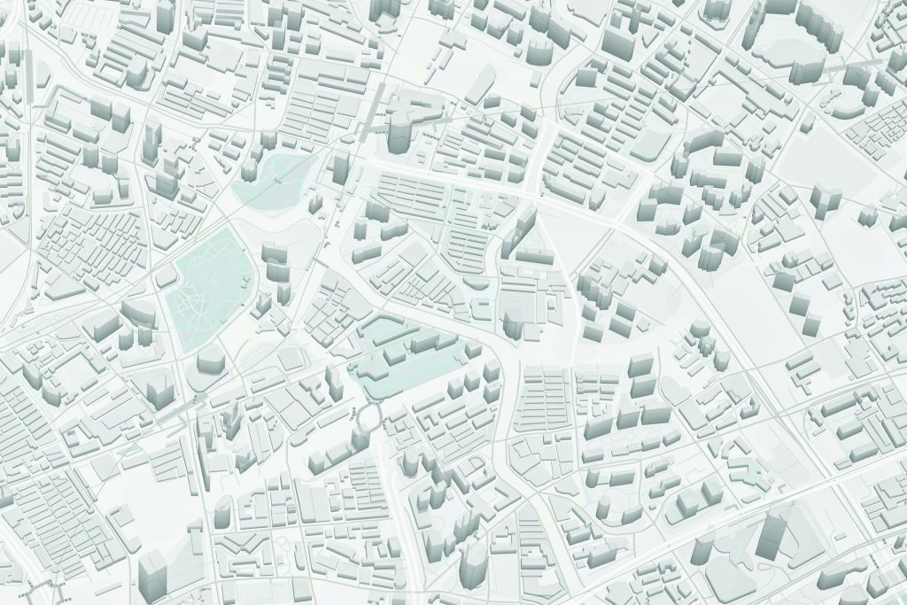 3D city map in grayscale showing streets, buildings, and waterways with varying heights and density, illustrating an urban layout from an aerial perspective