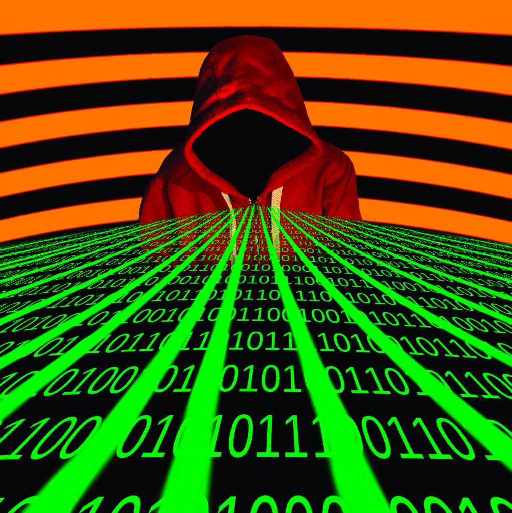 Hooded figure in red jacket stands before orange-black striped background with green binary code projected across foreground; digital threat theme