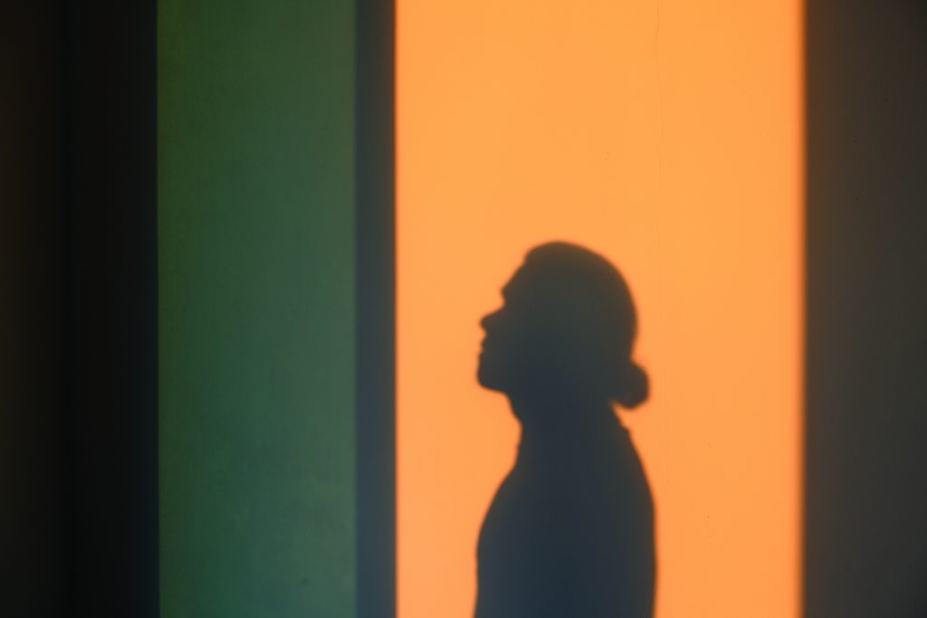 A shadowed silhouette stands against a bright vertical panel of orange light, framed by darker adjacent panels, creating strong contrast across the flat surface
