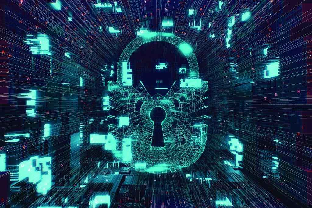 Digital lock with keyhole amid glowing blue data blocks and lines, symbolizing cybersecurity; background filled with scattered alphanumeric code