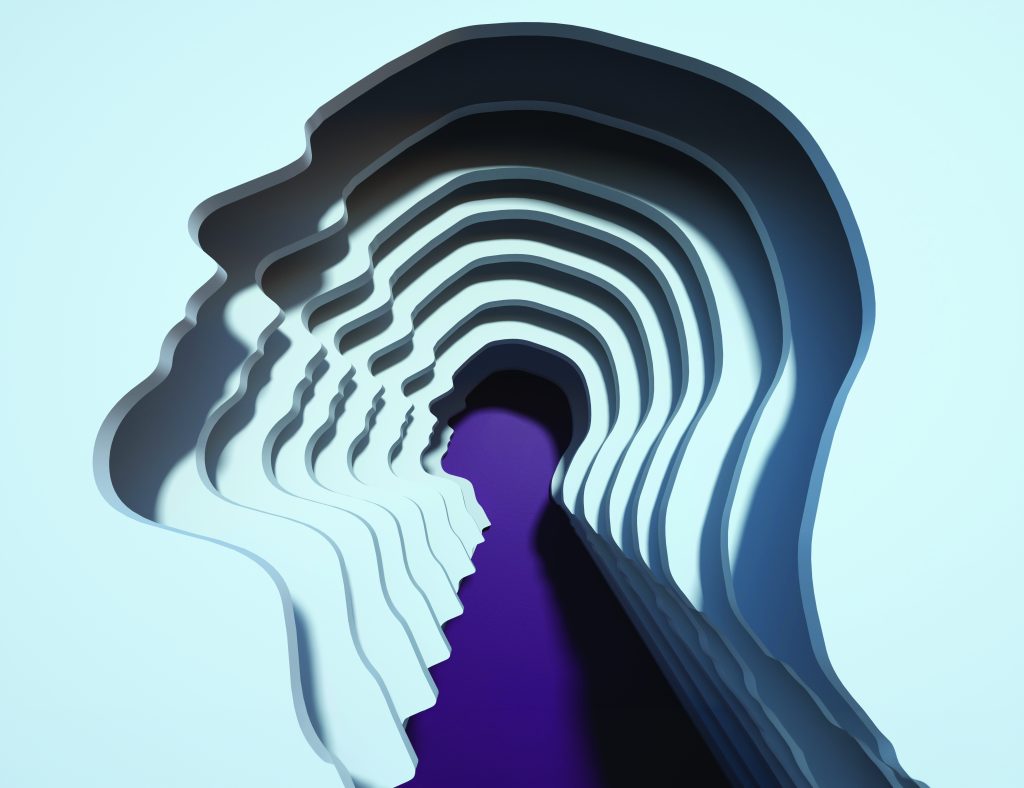 Layered paper-cut silhouettes of human profiles recede inward toward a central purple profile shape, creating a tunnel-like effect with repeating contours, soft shadows, depth, and a light blue background