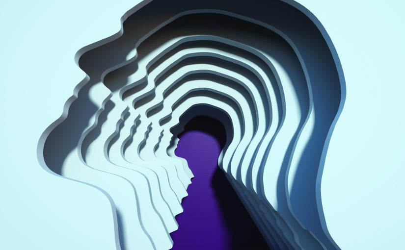 Layered paper-cut silhouettes of human profiles recede inward toward a central purple profile shape, creating a tunnel-like effect with repeating contours, soft shadows, depth, and a light blue background