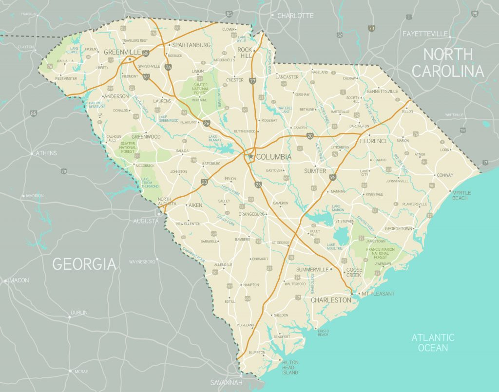 Map of South Carolina showing cities, highways, rivers, and neighboring states, including Columbia, Charleston, Greenville, coastline, and regional boundaries