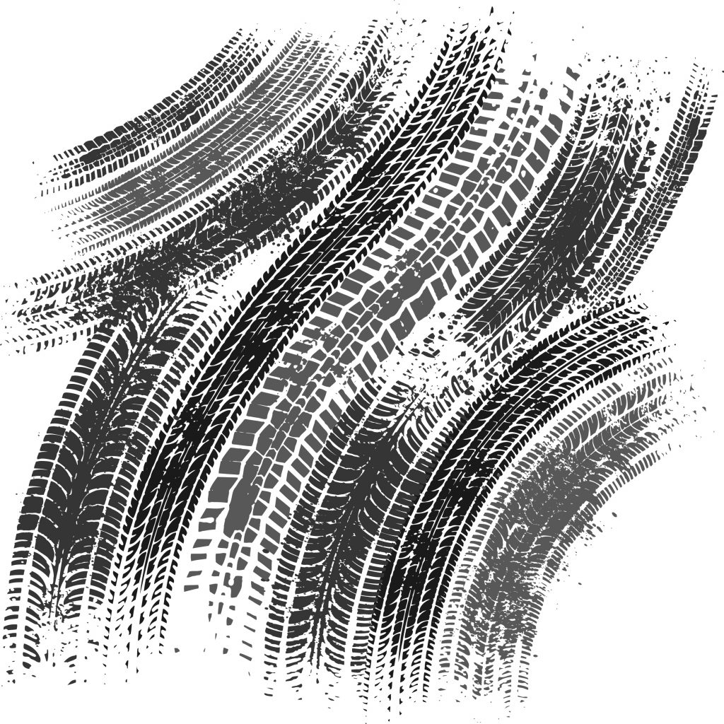Overlapping tire tracks with varied tread patterns and directions form a dynamic, textured design on white background; black and gray tones dominate