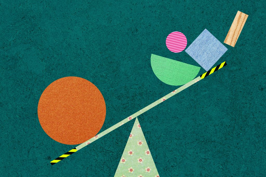 Abstract illustration of a tilted seesaw balancing textured geometric shapes, including circles, squares, and wood blocks, against a teal background symbolizing risk, weight, and equilibrium