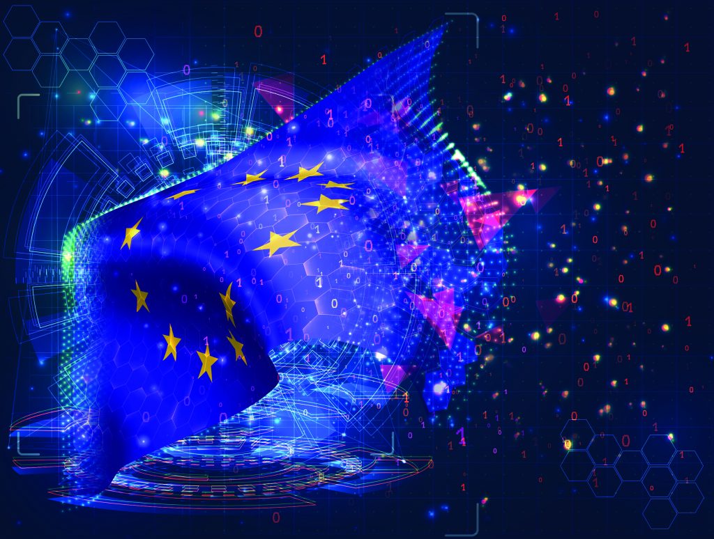 EU flag with yellow stars on blue, surrounded by binary code, hexagons, and glowing triangles, symbolizing digital security and cyber intelligence