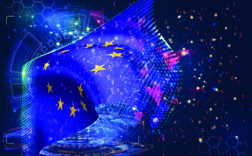 EU flag with yellow stars on blue, surrounded by binary code, hexagons, and glowing triangles, symbolizing digital security and cyber intelligence