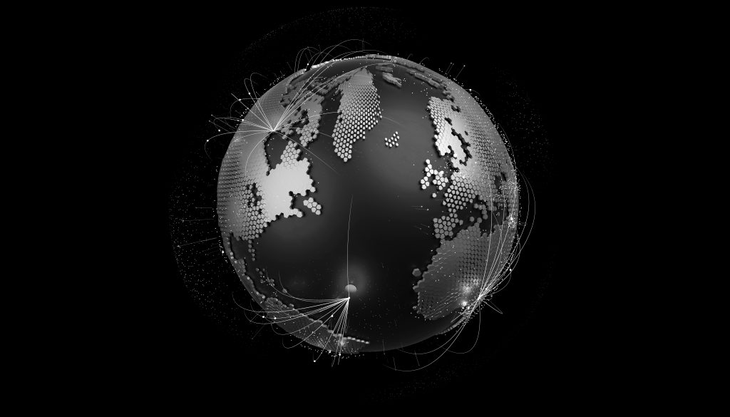 A monochrome digital globe shows continents formed by hexagonal patterns with curved data lines connecting points around the sphere against a solid black background