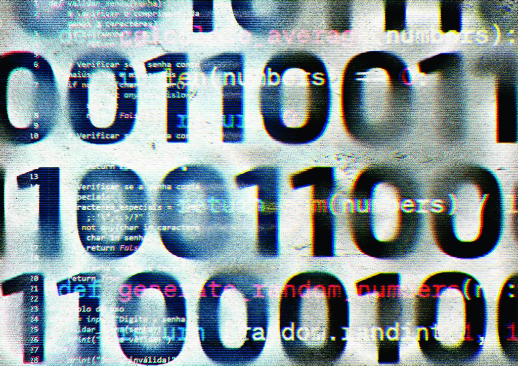 Abstract digital image of large overlapping binary numbers and distorted code fragments layered with glitch effects, noise, and color shifts on a textured background