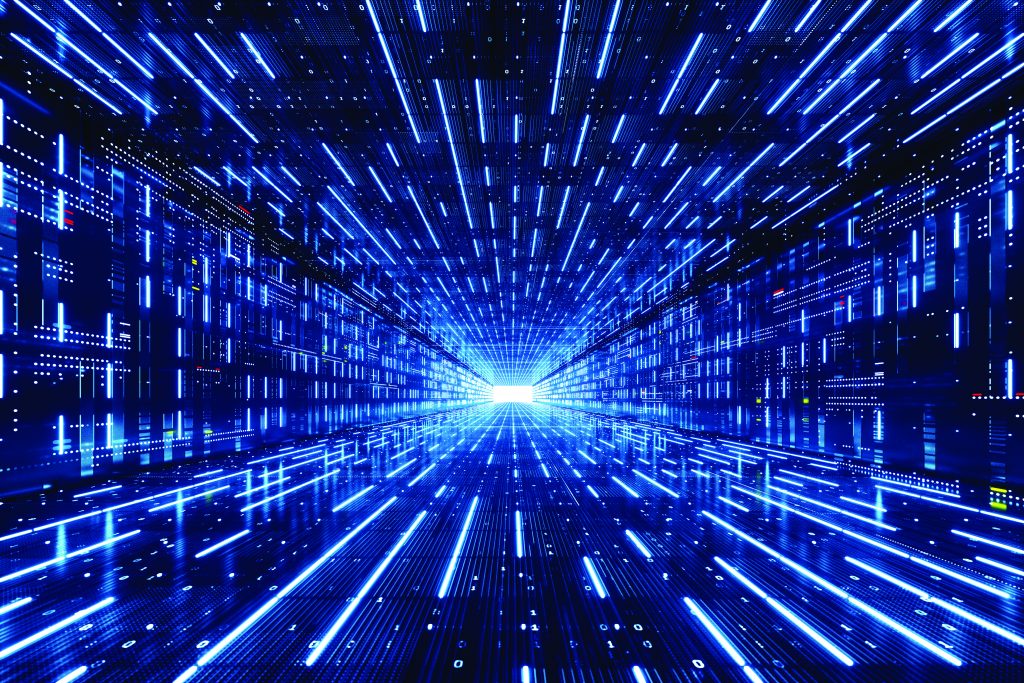 Blue digital tunnel made of glowing lines, grids, and data patterns converging toward a bright white center, creating a fast‑moving, high‑tech cyber visual