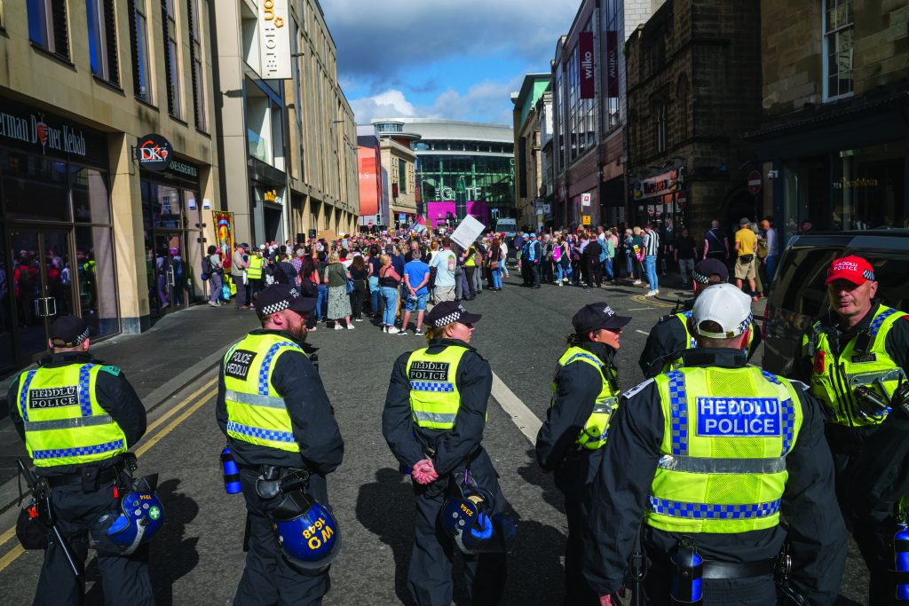 Demonstrators gather in Newcastle city centre for a Stand Up To Racism counter protest on August 10, 2024 in Newcastle upon Tyne, England. Anti-racism activists have arranged "unity rallies" in response to a series of anti-immigrant protests and riots that swept the country following a deadly knife attack last week in Southport, England.