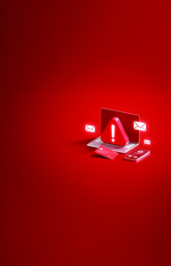 Laptop, smartphone, and bank card display warning icons as glowing email alerts surround them on a red background, symbolizing digital fraud and phishing risks
