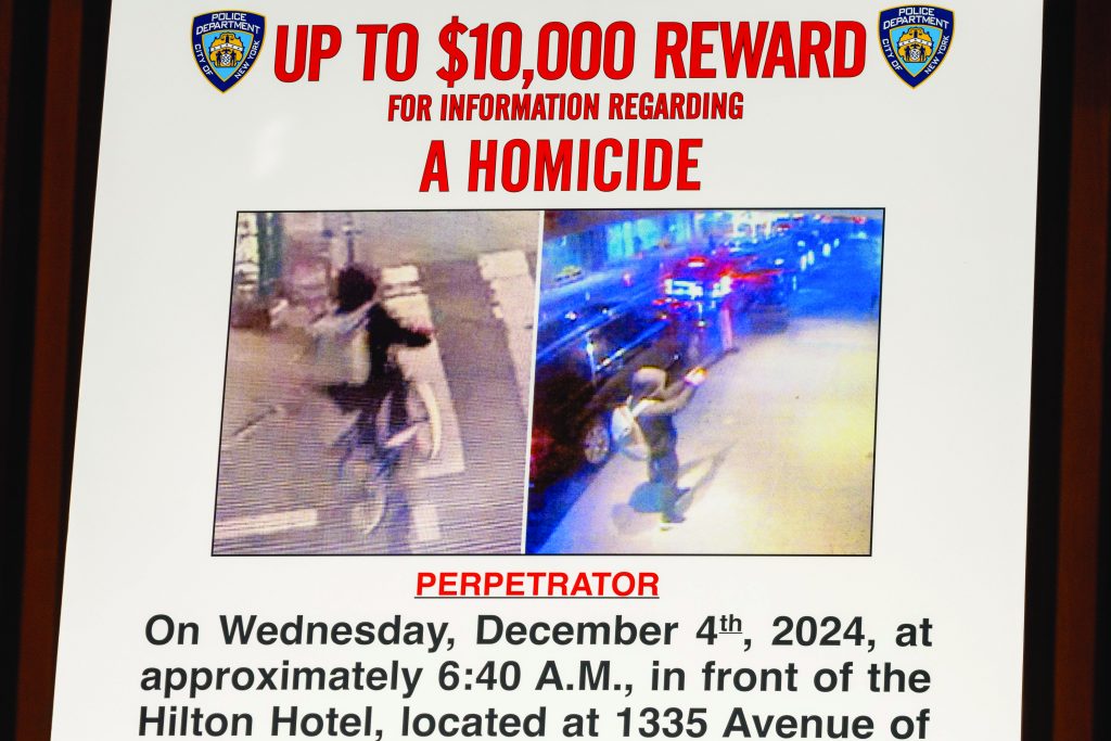 NYPD poster offers up to $10K reward for homicide info; includes two suspect images, incident details from Dec 4, 2024, near Hilton Hotel, NYC.