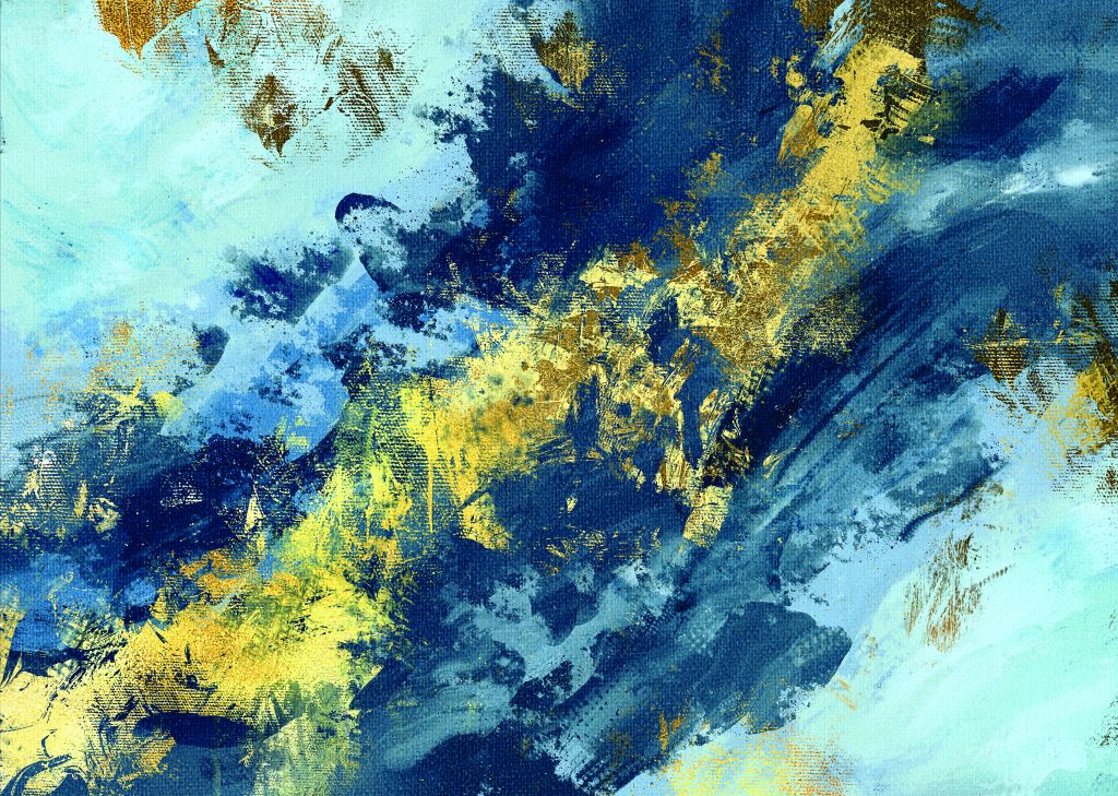 Abstract artwork of layered blue, teal, and gold brushstrokes creating textured swirls, rough edges, and dynamic movement across the canvas surface