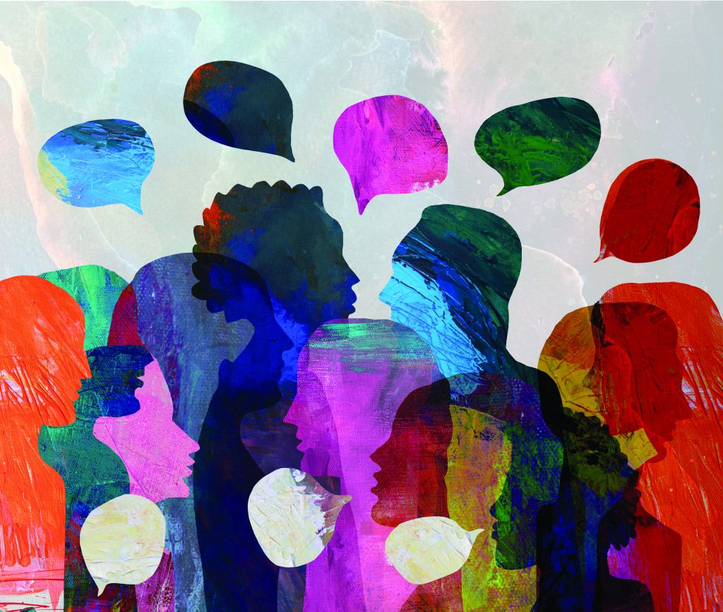 Colorful abstract illustration of overlapping silhouettes with vibrant speech bubbles above, symbolizing diverse dialogue and communication on textured background
