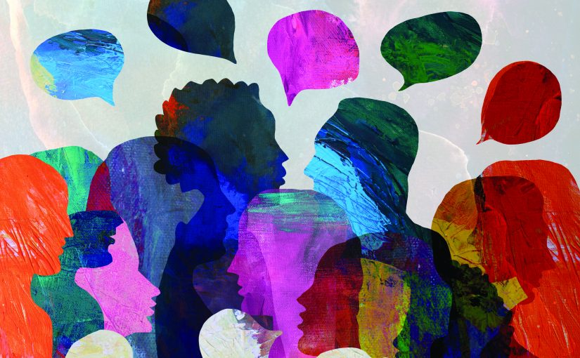 Colorful abstract illustration of overlapping silhouettes with vibrant speech bubbles above, symbolizing diverse dialogue and communication on textured background