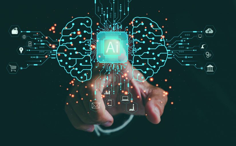 Hand points at glowing “AI” icon amid digital brain graphics and tech symbols for data, cloud, security, and communication on dark background