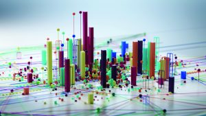 Colorful 3D bar and sphere data visualization with interconnected lines on a white surface, forming a complex network of charts and analytical elements