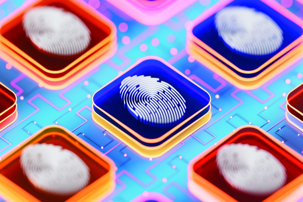 Stylized digital illustration showing multiple fingerprint icons inside glowing square frames connected by circuit traces on a blue background, representing biometric data networks