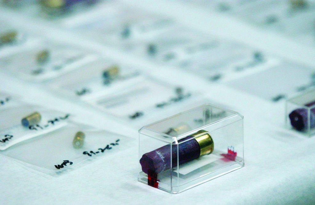 Evidence table displaying labeled bags of spent casings and a red shotgun shell secured in a clear plastic box, arranged in rows for forensic examination
