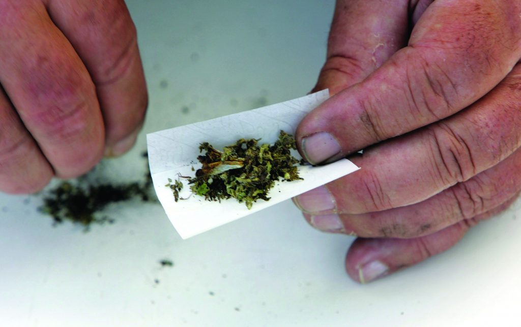 Close-up of hands rolling dried plant material into a white paper on a flat surface, with loose fragments scattered nearby, suggesting drug preparation