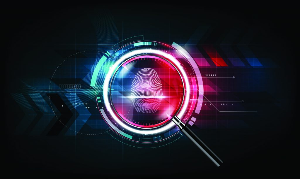 Digital magnifier highlights fingerprint on dark background with neon rings, arrows, and tech elements, symbolizing forensic analysis and ID tools.