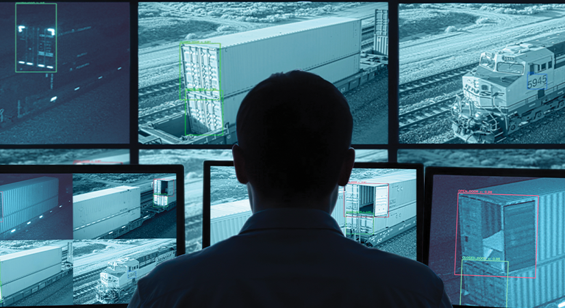 Person monitors multiple screens showing surveillance footage of trains and shipping containers, with some containers highlighted by colored boxes