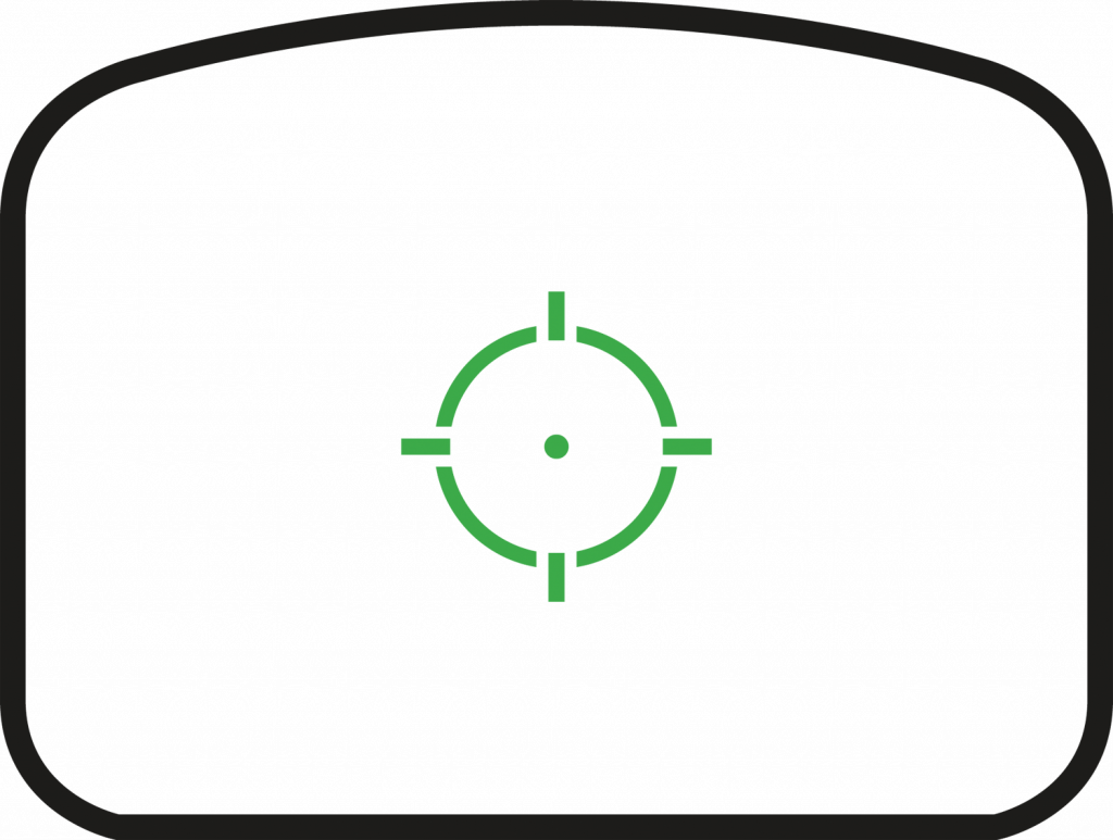 Green crosshair target symbol centered on white background with black rounded rectangular border, resembling a scope or sight view interface