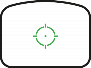 Green crosshair target symbol centered on white background with black rounded rectangular border, resembling a scope or sight view interface