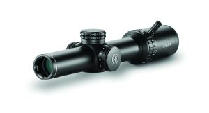 Black Hawke riflescope on a white background, featuring multi‑coated objective lens, capped elevation and windage turrets, magnification ring, eyepiece focus adjustment, textured control surfaces, and matte finish housing
