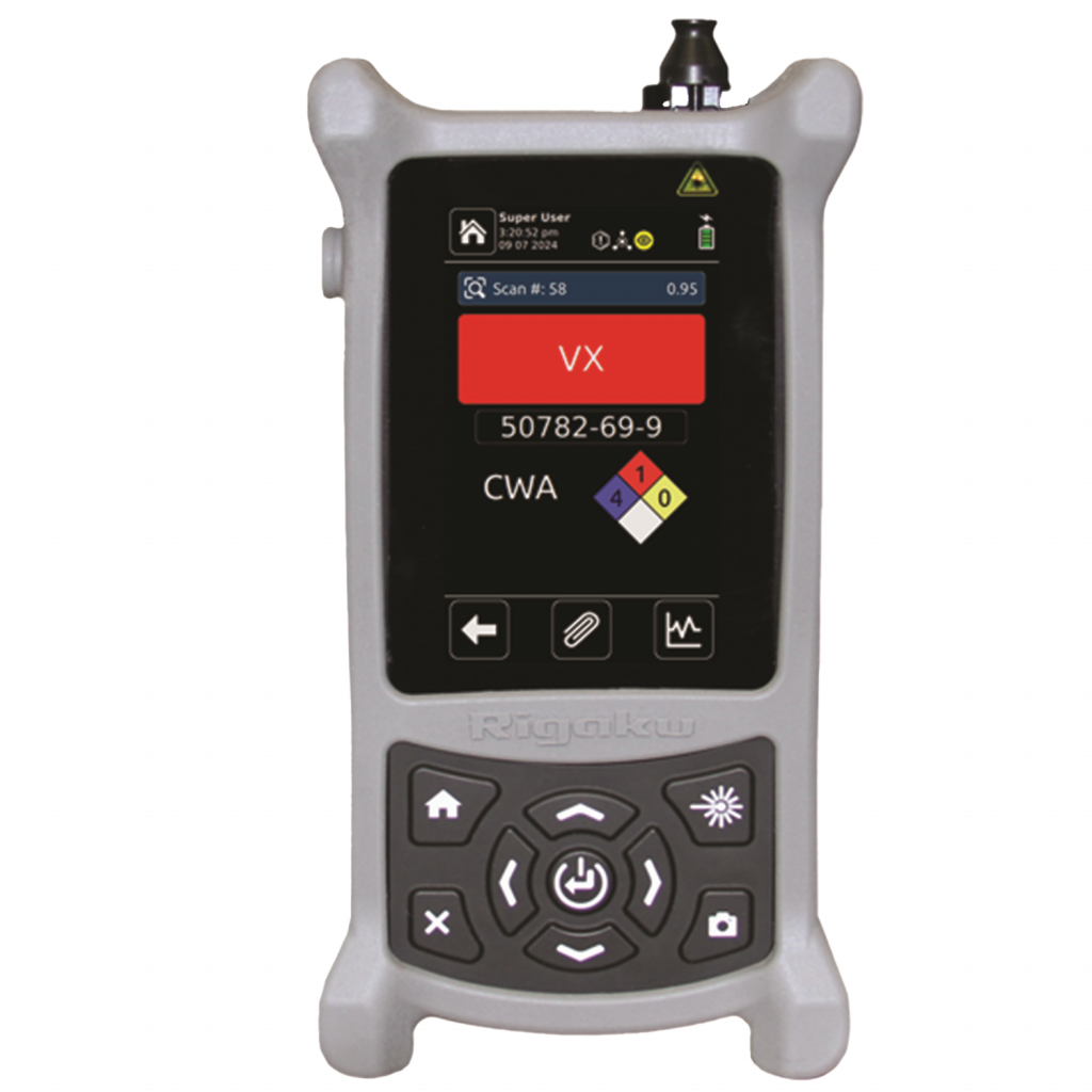 Handheld device screen showing 'VX', '50782-69-9', 'CWA', and hazard diamond with 4 (blue), 1 (red), 0 (yellow), W (white) ratings