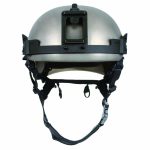 Front view of a gray ballistic helmet with black accessory rail system, front mounting shroud, adjustable chin strap, suspension hardware, side attachment points, and matte protective shell displayed against a plain white background