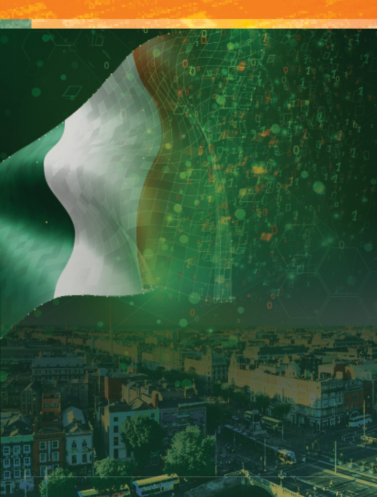 Dublin aerial view with Liffey river and O'Connell bridge during sunset with OVERLAY OF THE IRELAND FLAG